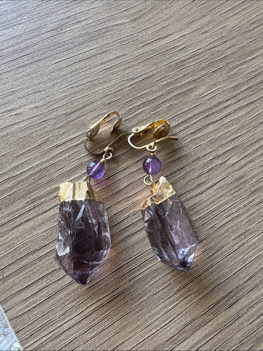 Gold-Tone Amethyst Crystal Drop Earrings - Purple Gemstone Clip-Ons
